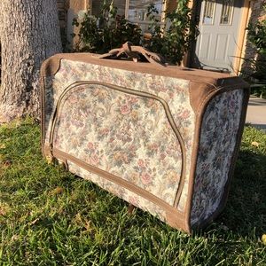 Vintage FRENCH LUGGAGE COMPANY Floral Tapestry & Suede Leather Suitcase RARE